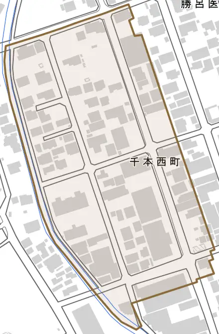 千本西町とその周辺の地図。町の範囲を重ねている