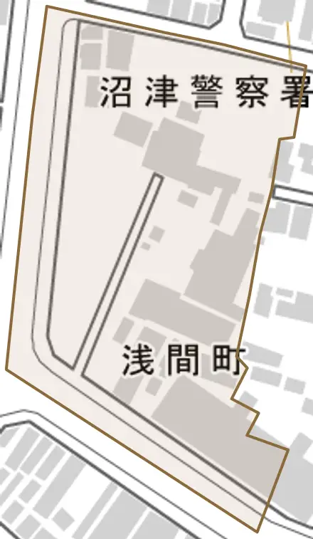 浅間町とその周辺の地図。町の範囲を重ねている