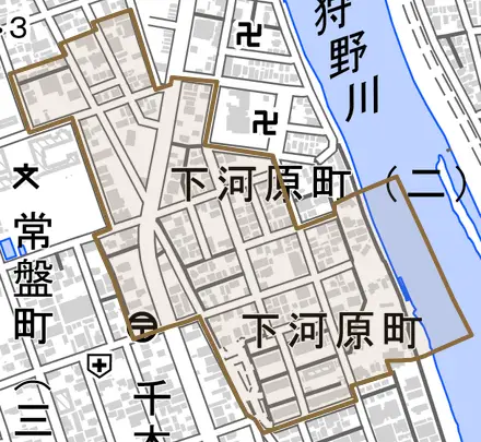 下河原町とその周辺の地図。町の範囲を重ねている