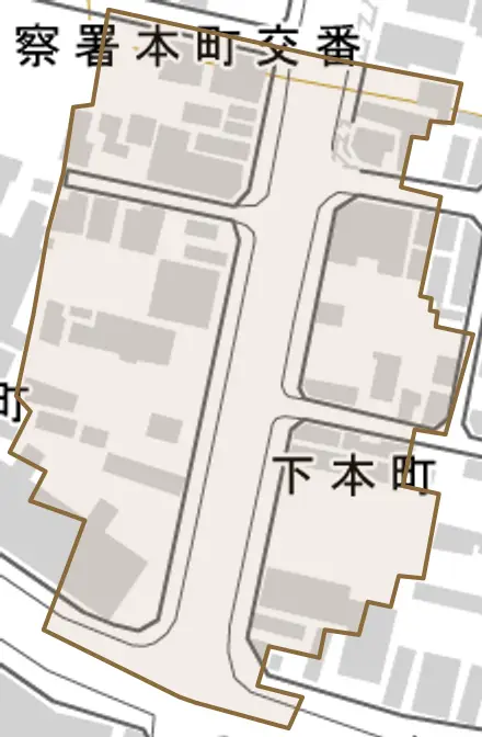 下本町とその周辺の地図。町の範囲を重ねている
