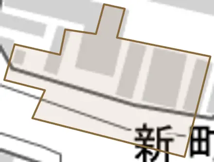 新町とその周辺の地図。町の範囲を重ねている