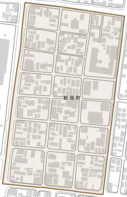 新宿町とその周辺の地図。町の範囲を重ねている