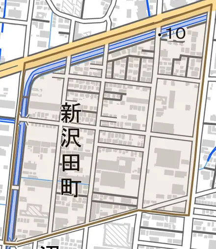 新沢田町とその周辺の地図。町の範囲を重ねている
