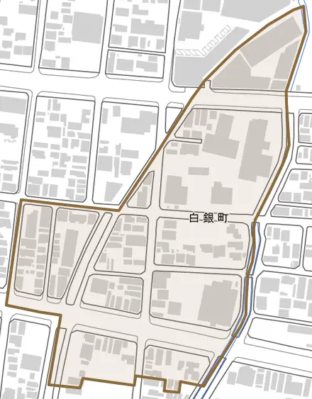 白銀町とその周辺の地図。町の範囲を重ねている
