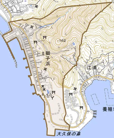 獅子浜とその周辺の地図。町の範囲を重ねている