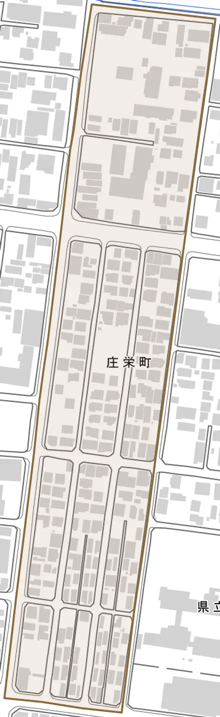 庄栄町とその周辺の地図。町の範囲を重ねている