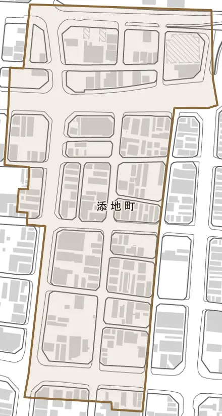 添地町とその周辺の地図。町の範囲を重ねている