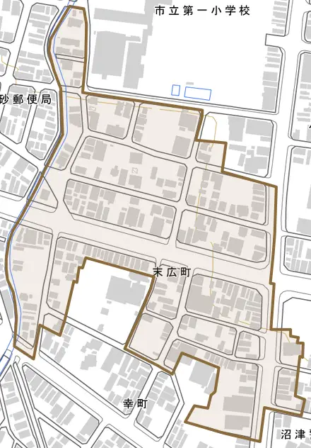 末広町とその周辺の地図。町の範囲を重ねている