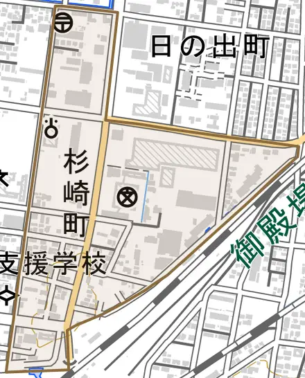 杉崎町とその周辺の地図。町の範囲を重ねている