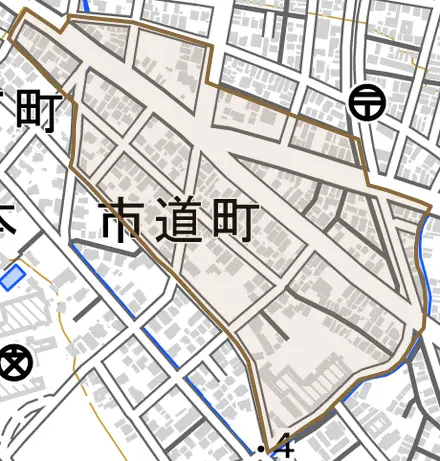 市道町とその周辺の地図。町の範囲を重ねている