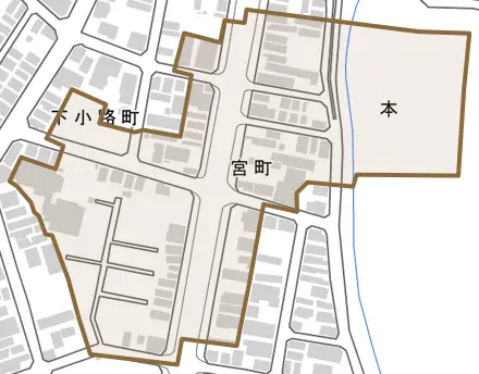宮町とその周辺の地図。町の範囲を重ねている