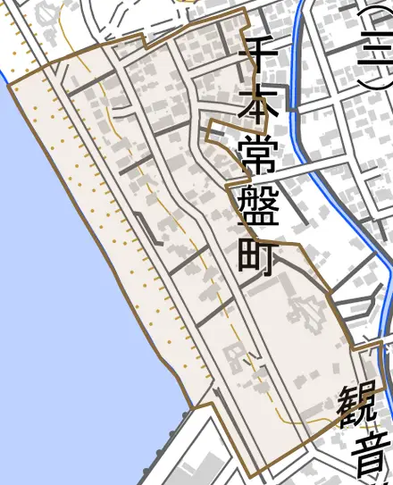 千本郷林とその周辺の地図。町の範囲を重ねている