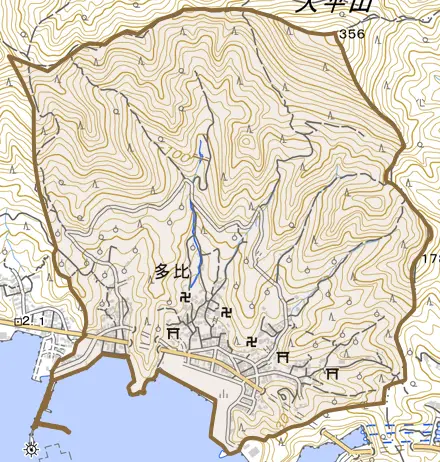 多比とその周辺の地図。町の範囲を重ねている