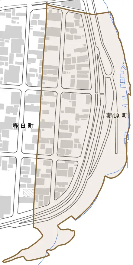 蓼原町とその周辺の地図。町の範囲を重ねている