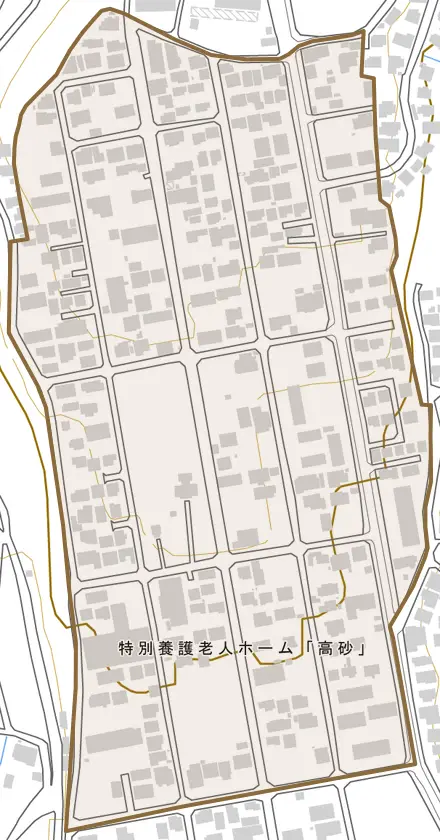 高砂町とその周辺の地図。町の範囲を重ねている