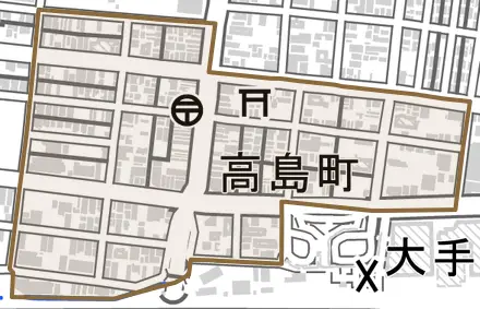 高島町とその周辺の地図。町の範囲を重ねている