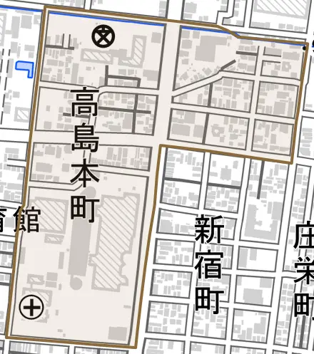 高島本町とその周辺の地図。町の範囲を重ねている