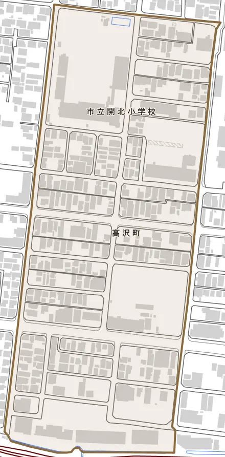 高沢町とその周辺の地図。町の範囲を重ねている