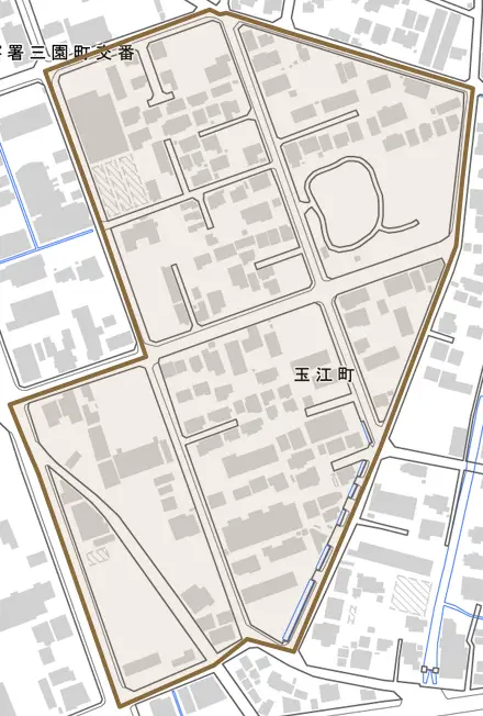 玉江町とその周辺の地図。町の範囲を重ねている