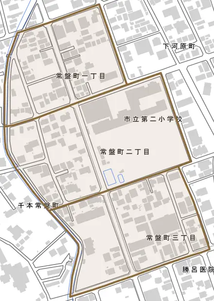 常盤町とその周辺の地図。町の範囲を重ねている