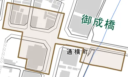 通横町とその周辺の地図。町の範囲を重ねている