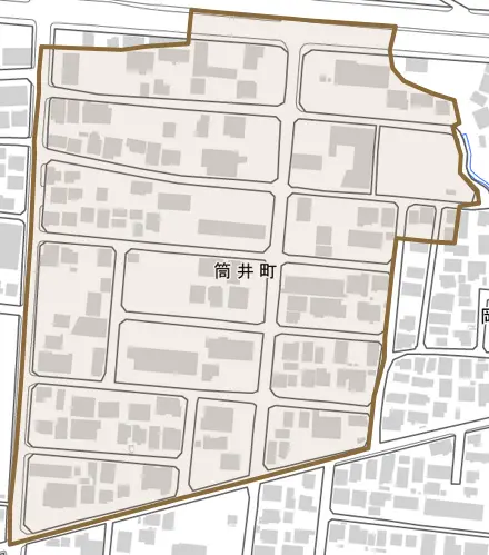 筒井町とその周辺の地図。町の範囲を重ねている