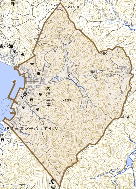 内浦三津とその周辺の地図。町の範囲を重ねている