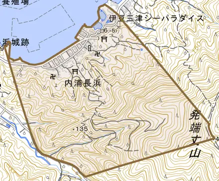内浦長浜とその周辺の地図。町の範囲を重ねている