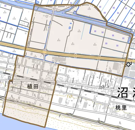 植田とその周辺の地図。町の範囲を重ねている
