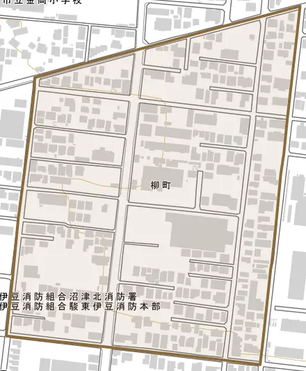 柳町とその周辺の地図。町の範囲を重ねている