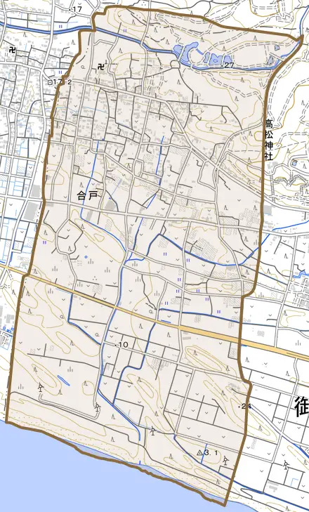 合戸とその周辺の地図。町の範囲を重ねている
