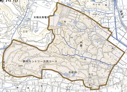 門屋とその周辺の地図。町の範囲を重ねている