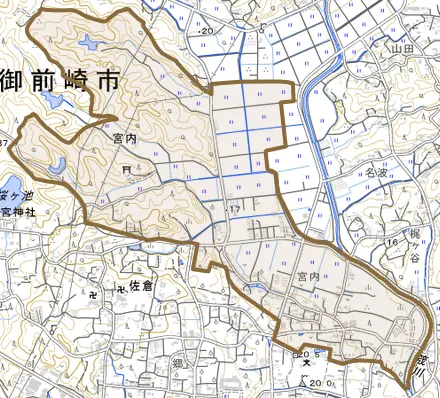 宮内とその周辺の地図。町の範囲を重ねている