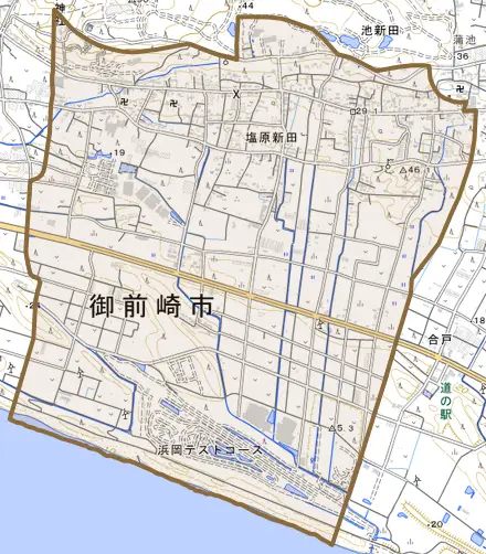塩原新田とその周辺の地図。町の範囲を重ねている