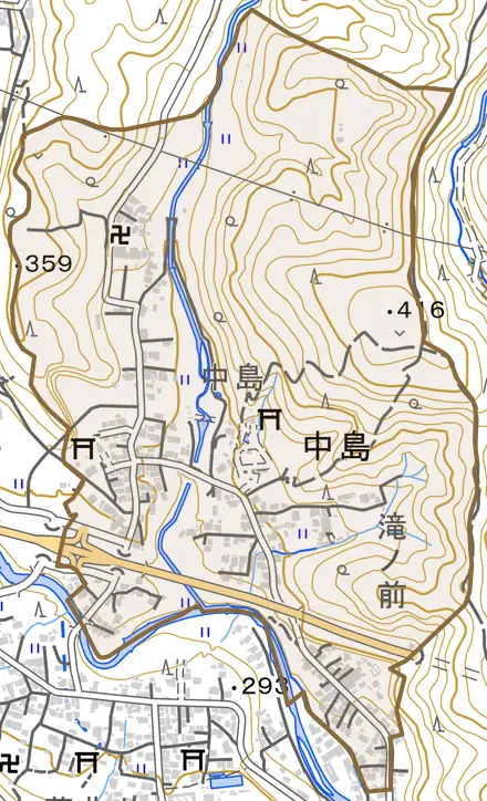 中島とその周辺の地図。町の範囲を重ねている
