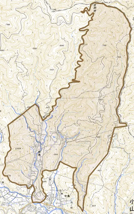 柳島とその周辺の地図。町の範囲を重ねている