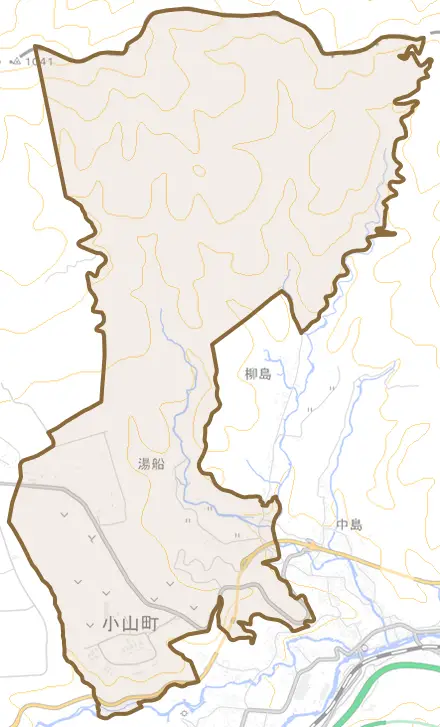 湯船とその周辺の地図。町の範囲を重ねている