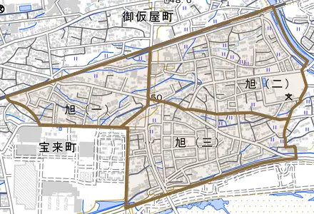 旭とその周辺の地図。町の範囲を重ねている