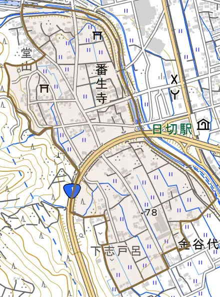 番生寺とその周辺の地図。町の範囲を重ねている