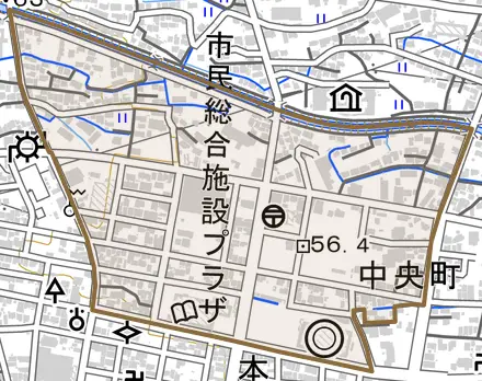 中央町とその周辺の地図。町の範囲を重ねている
