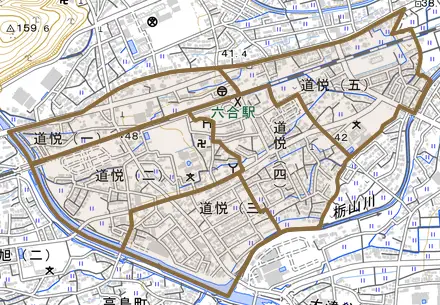 道悦とその周辺の地図。町の範囲を重ねている