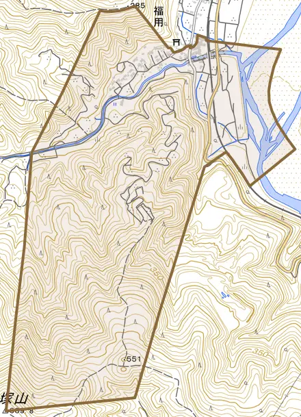 福用とその周辺の地図。町の範囲を重ねている