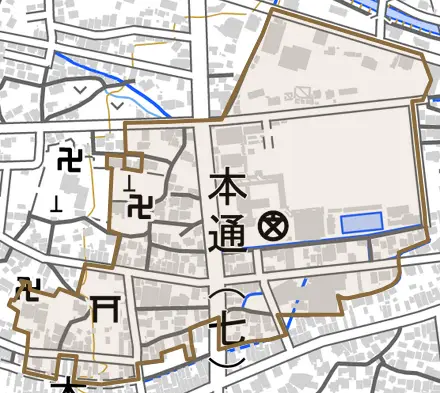 祇園町とその周辺の地図。町の範囲を重ねている