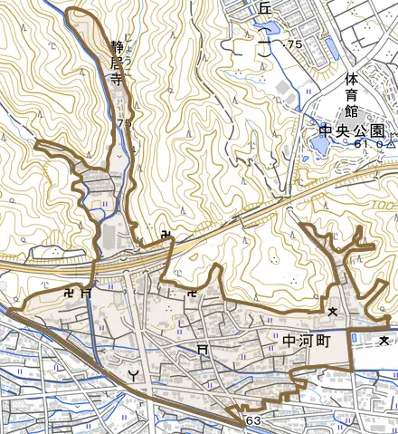 旗指とその周辺の地図。町の範囲を重ねている