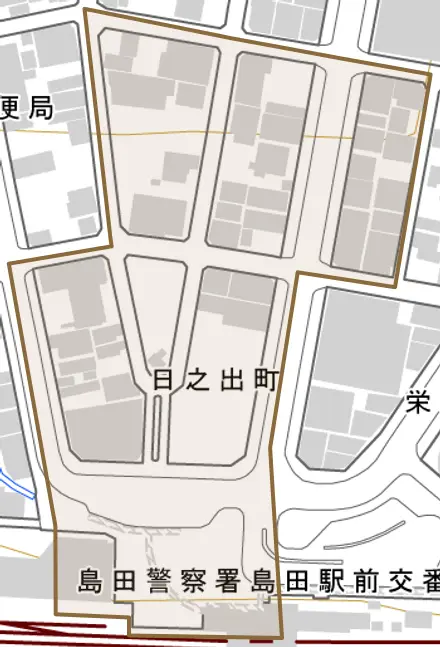 日之出町とその周辺の地図。町の範囲を重ねている