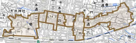 本通とその周辺の地図。町の範囲を重ねている