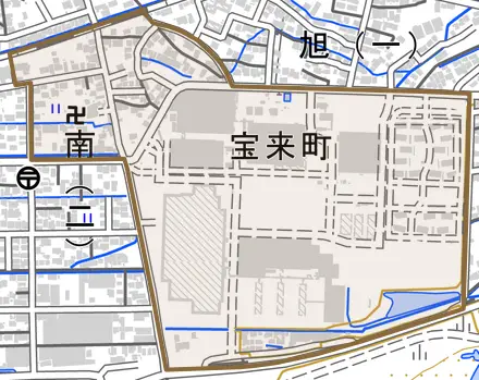 宝来町とその周辺の地図。町の範囲を重ねている