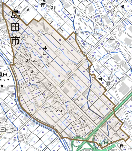 井口とその周辺の地図。町の範囲を重ねている