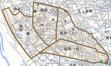稲荷とその周辺の地図。町の範囲を重ねている