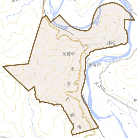 神尾とその周辺の地図。町の範囲を重ねている